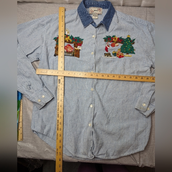 Vintage BSA Women Size Large Denim Embroidered Christmas Button Shirt Long Sleev - Picture 7 of 7